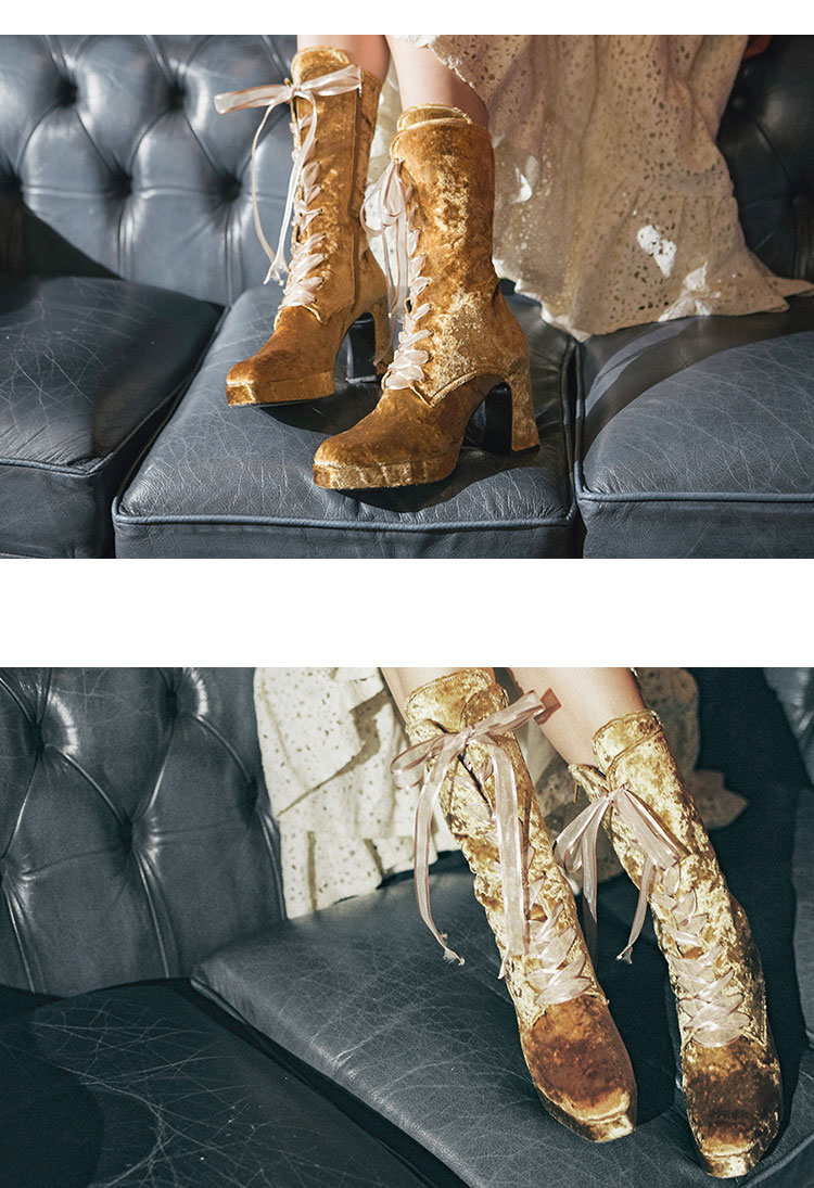misiri code ditole系列天鹅绒系带高筒靴-金色 lace up velvet half