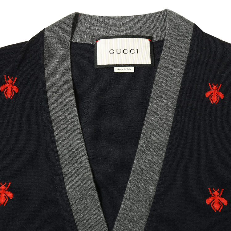 【gucci古驰 男士针织衫/毛衣】gucci/古驰 深蓝色配红色小蜜蜂开衫
