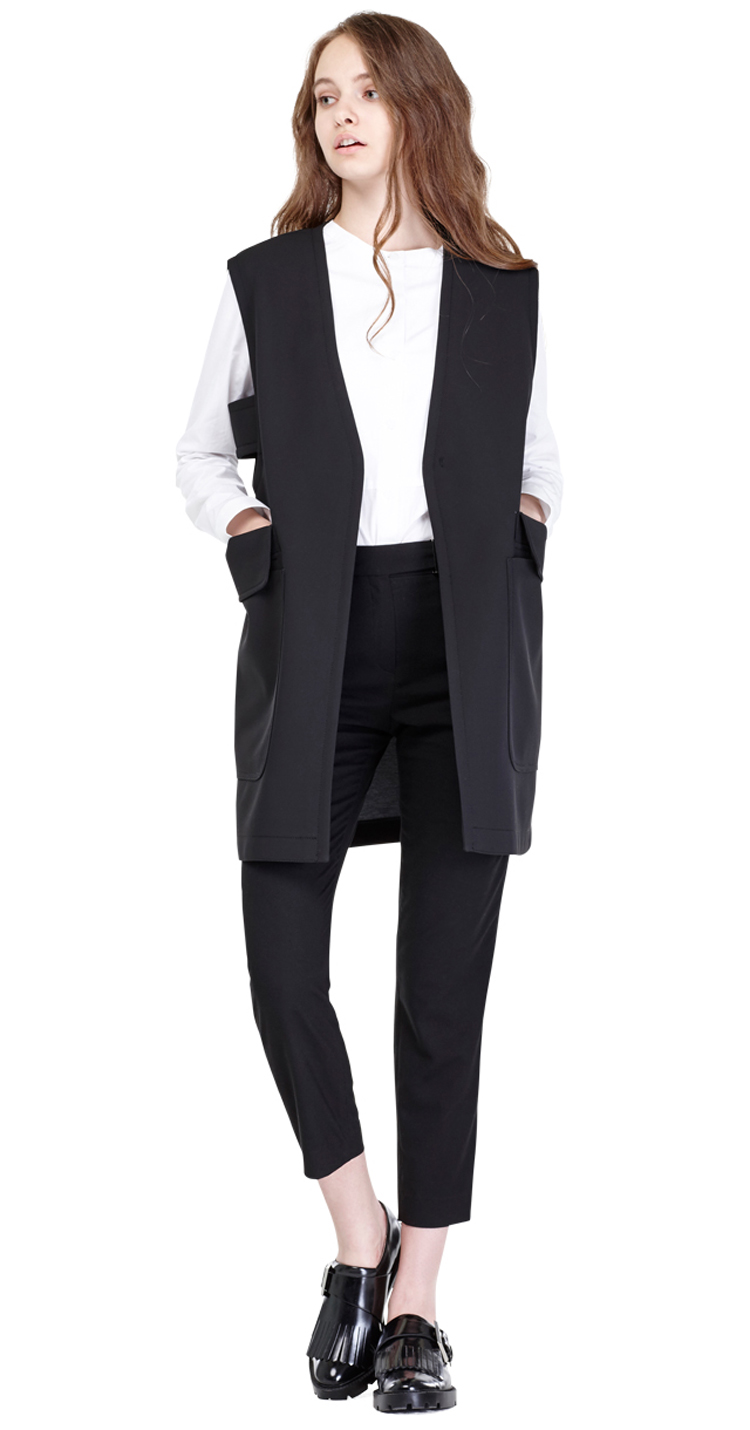 millogrem  ample 系列黑色口袋长款马甲  mwss16vtbk014