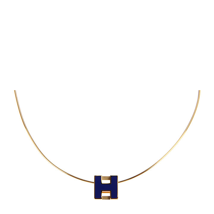 hermes/爱马仕 方形深蓝色珐琅h扣金色项链