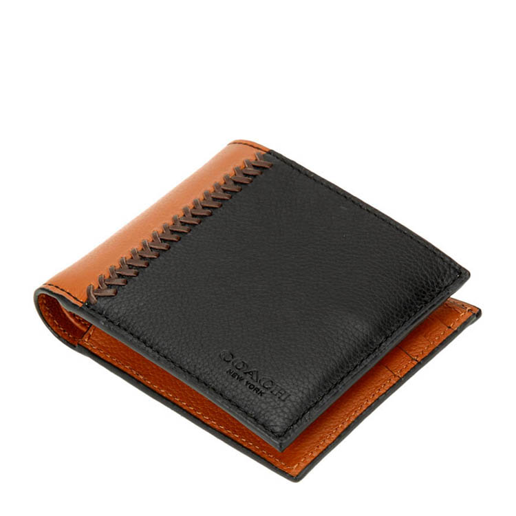 coach/蔻驰 男士黑色配棕色真皮短款对折钱包钱夹 f75170 blk