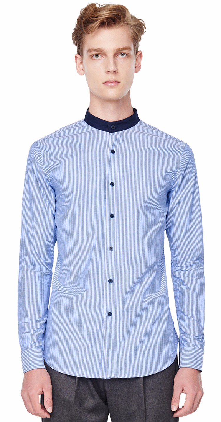 【millogremmillogrem 男士长袖衬衫】millogrem 蓝色纯棉无领衬衫