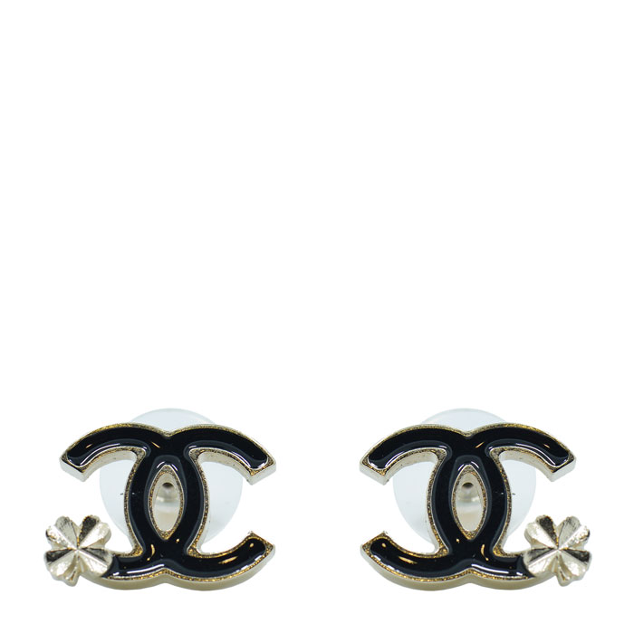 chanel/香奈儿 淡金色带四叶草黑色双c装饰 耳钉 耳饰