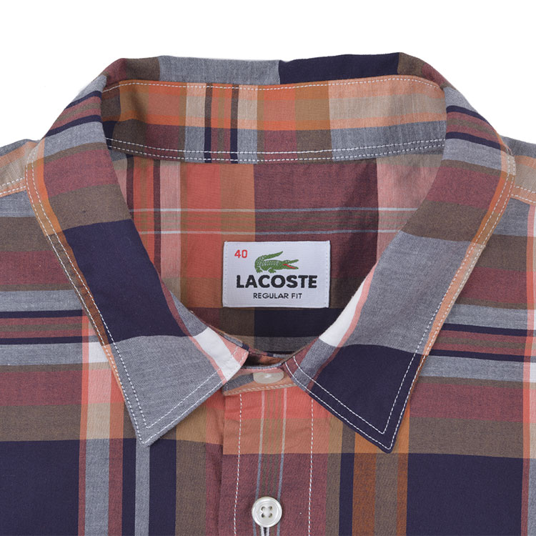 lacoste/鳄鱼-男士黑桔色拼色格子尖领纯棉长袖衬衫拼 断码【正品