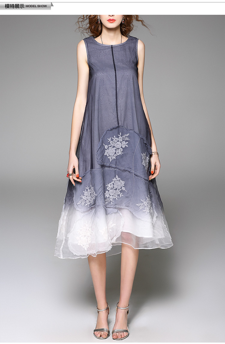 lucky ozasec/lucky ozasec 绣花不规则真丝 连衣裙 女中长款无袖宽松