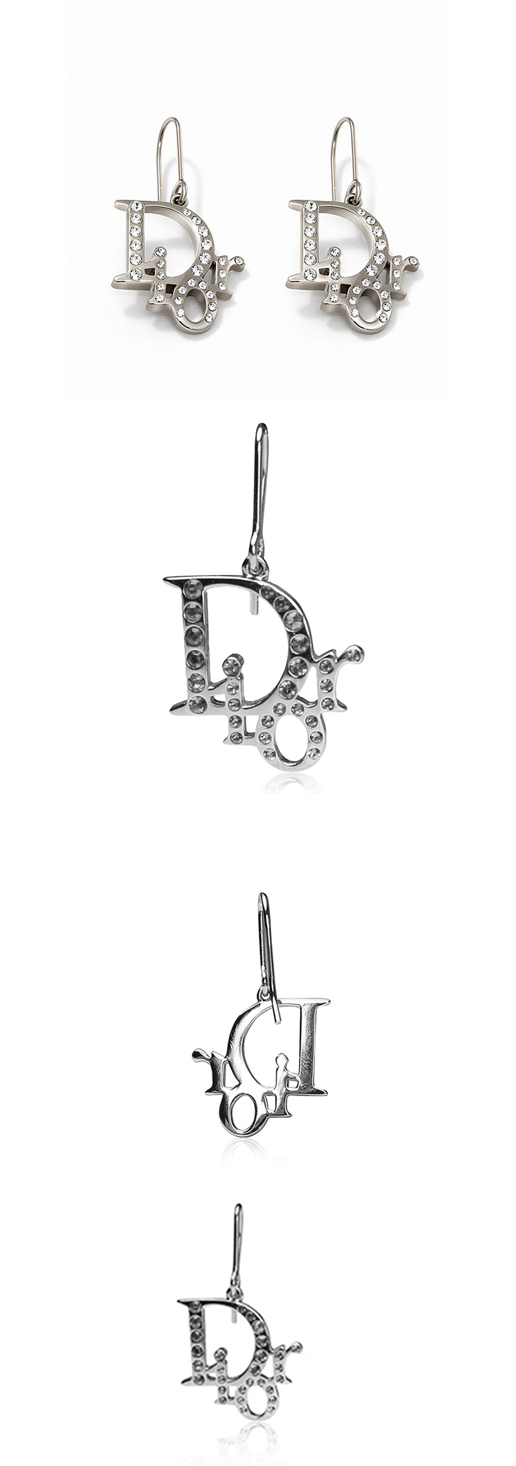 dior/迪奥 银色金属镶嵌透明水晶金属logo耳环 耳饰 e0027doscy d001
