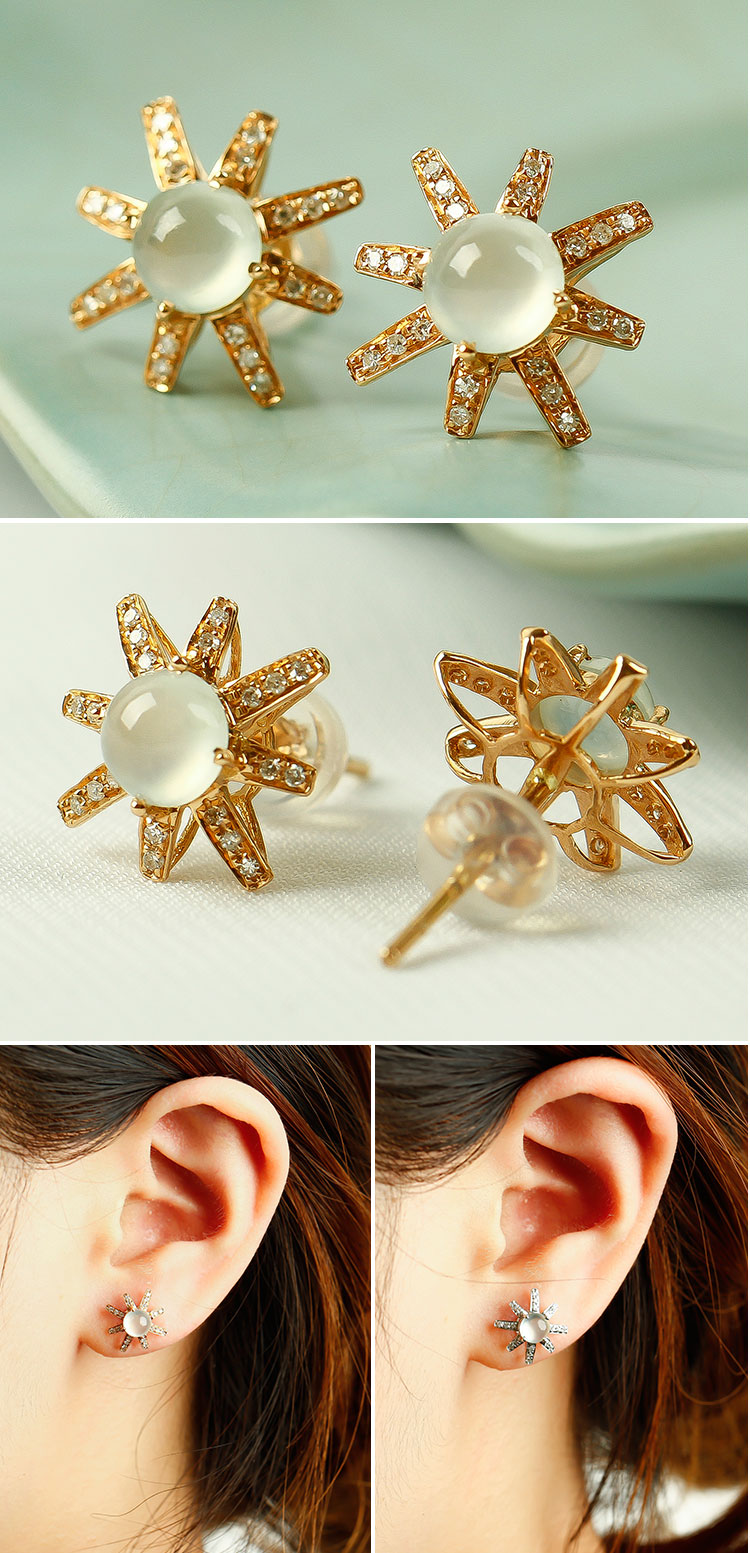 jadelink/翡翠源 18k金镶嵌冰种翡翠蛋面耳钉 太阳花耳环 两色选