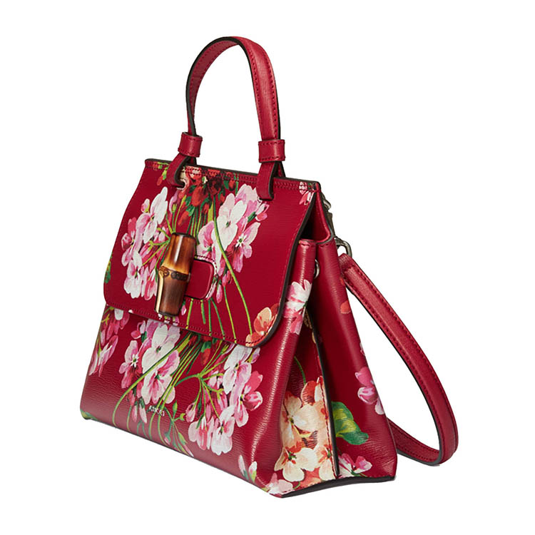 【gucci古馳 手提包】gucci/古馳 bamboo shopper 櫻桃紅花朵印花牛皮