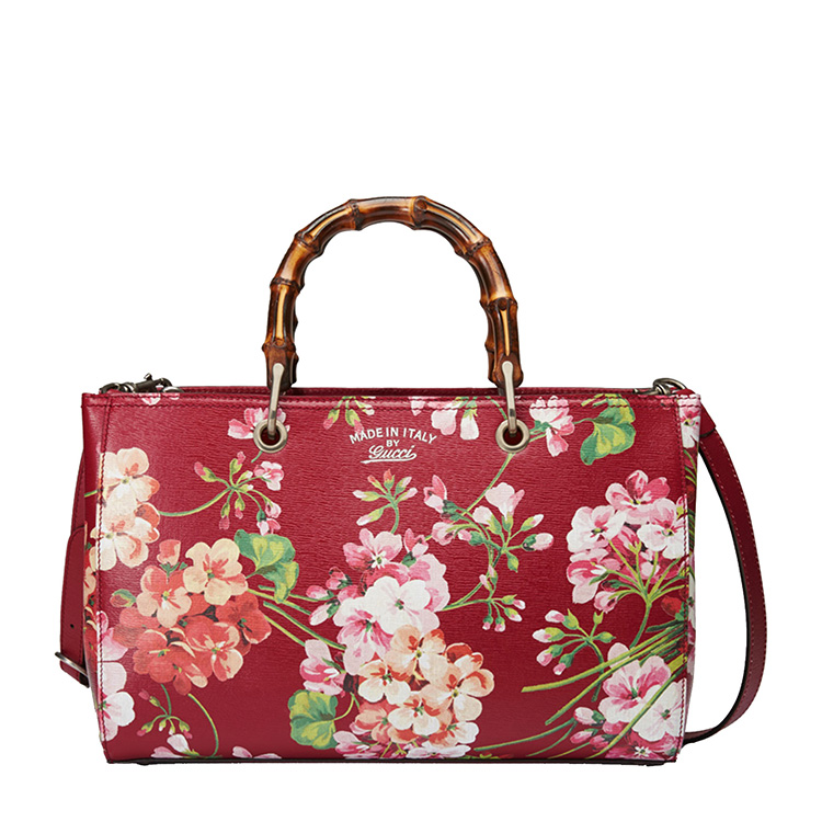 gucci/古驰 bamboo shopper 樱桃红花朵印花牛皮女士竹节中号两用手提