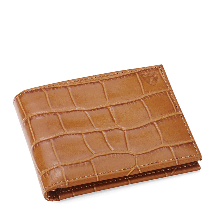 aspinal of london 复古棕褐色牛皮压鳄鱼纹小牛皮两折钱包 039-0042