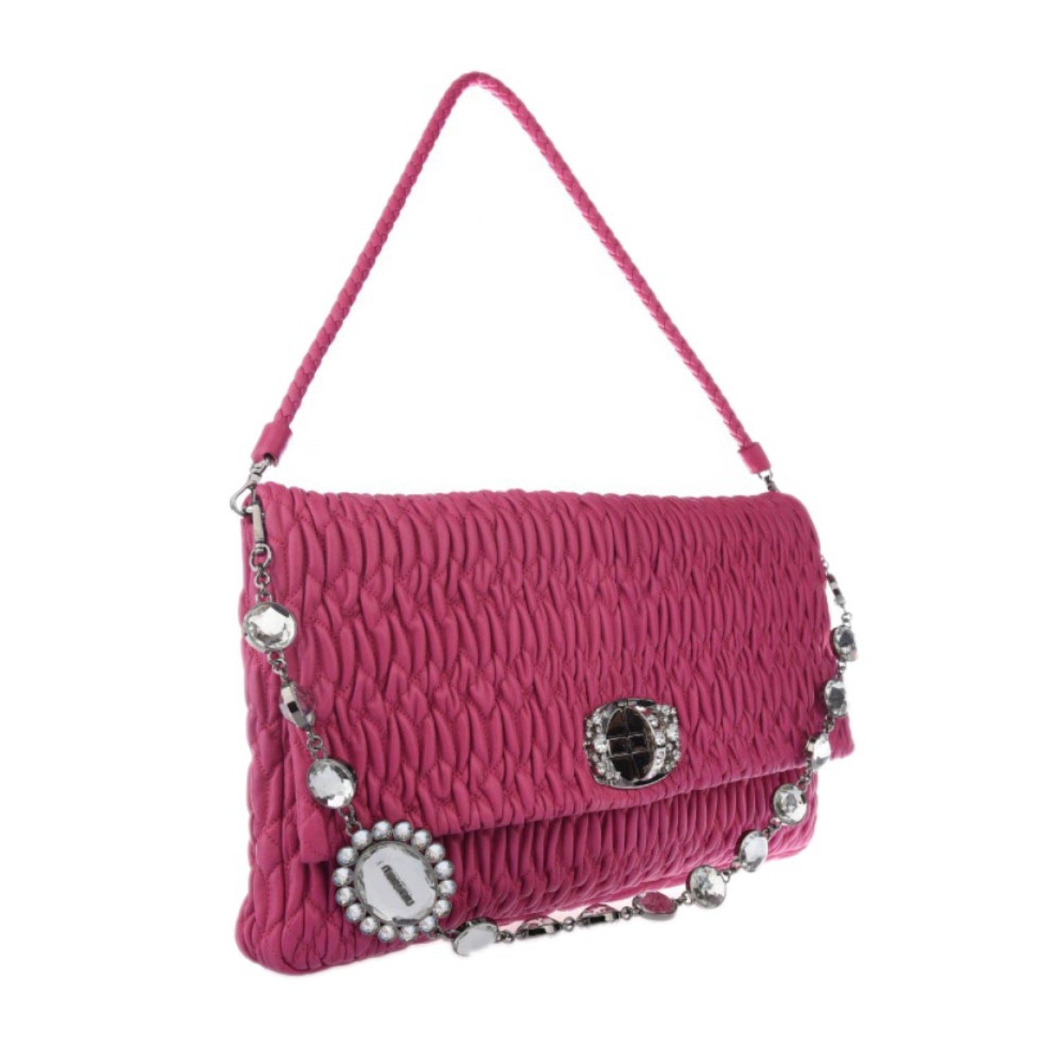 【包邮包税】miumiu/缪缪 女士玫红色羊皮皱褶饰单肩手拿两用包 5bd