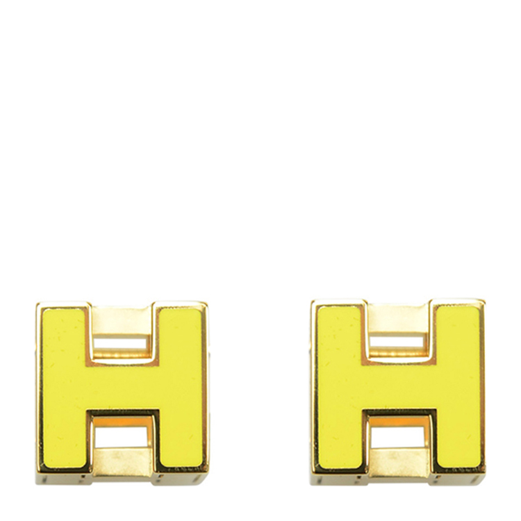 hermes/爱马仕 女士黄色方形h金扣珐琅耳钉