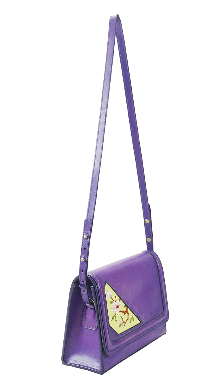 独立设计#cll/陈璐璐 《一念花开》手工刺绣牛皮女士单肩包(紫) 手工