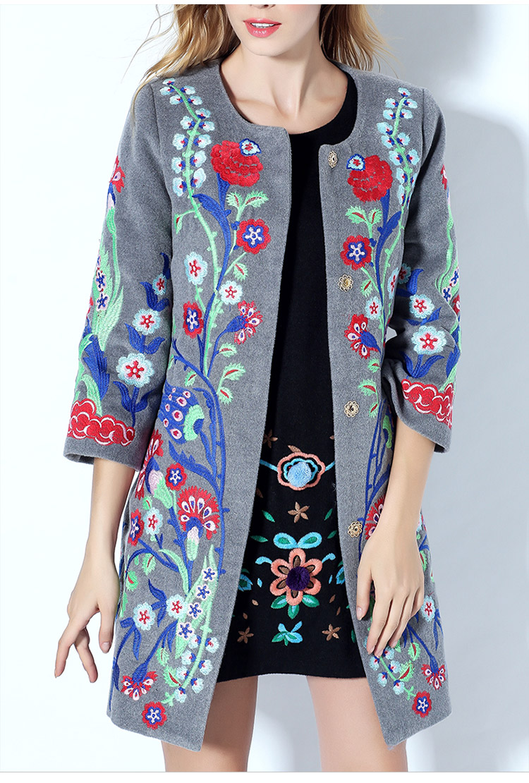 ozasec/lucky ozasec 九分袖毛呢大衣欧美刺绣绣花长款上衣 女士外套