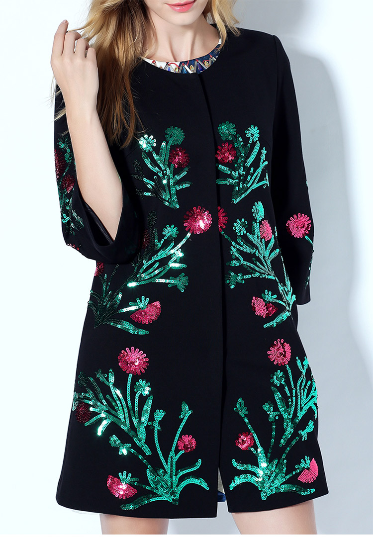 lucky ozasec/lucky ozasec 欧美时尚圆领修身珠片绣花大衣风衣 女士