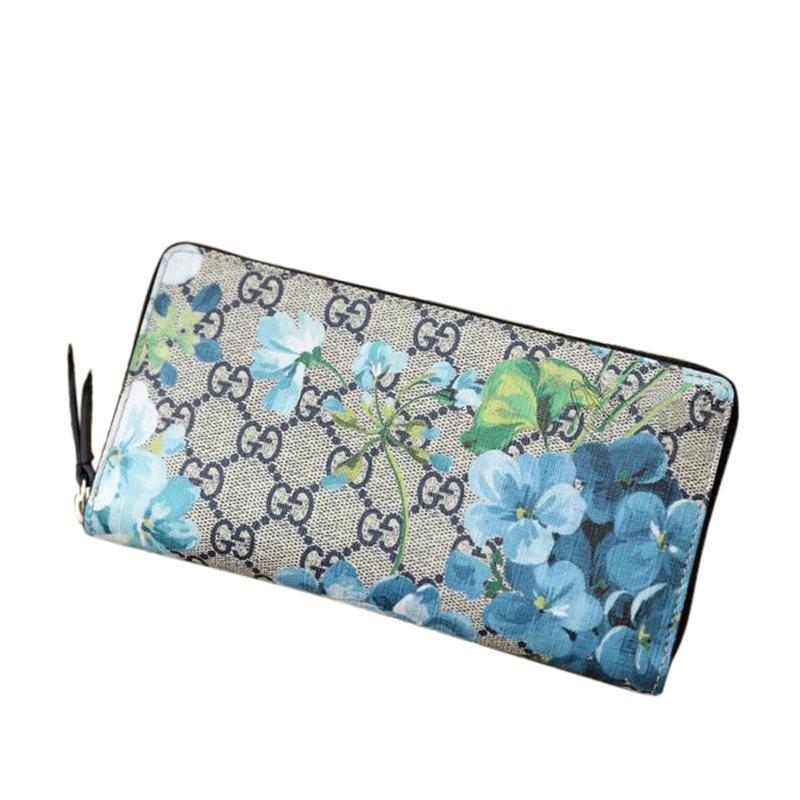 gucci/古驰 女士蓝色天竺葵印花图案长款拉链钱包 408665 ku2hn 8499