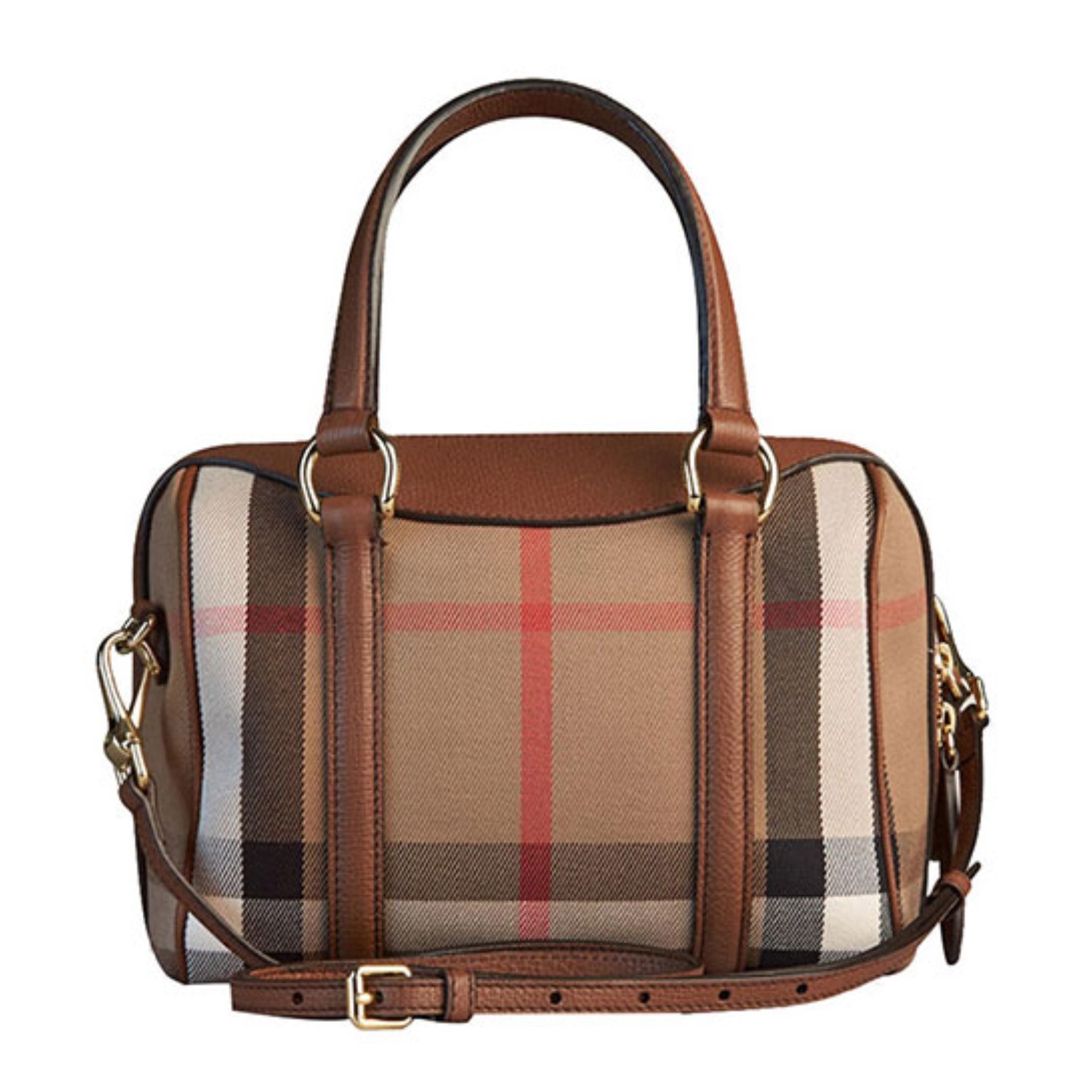 【包邮包税】burberry/博柏利 女士棕色织物/配皮格纹手提单肩两用包