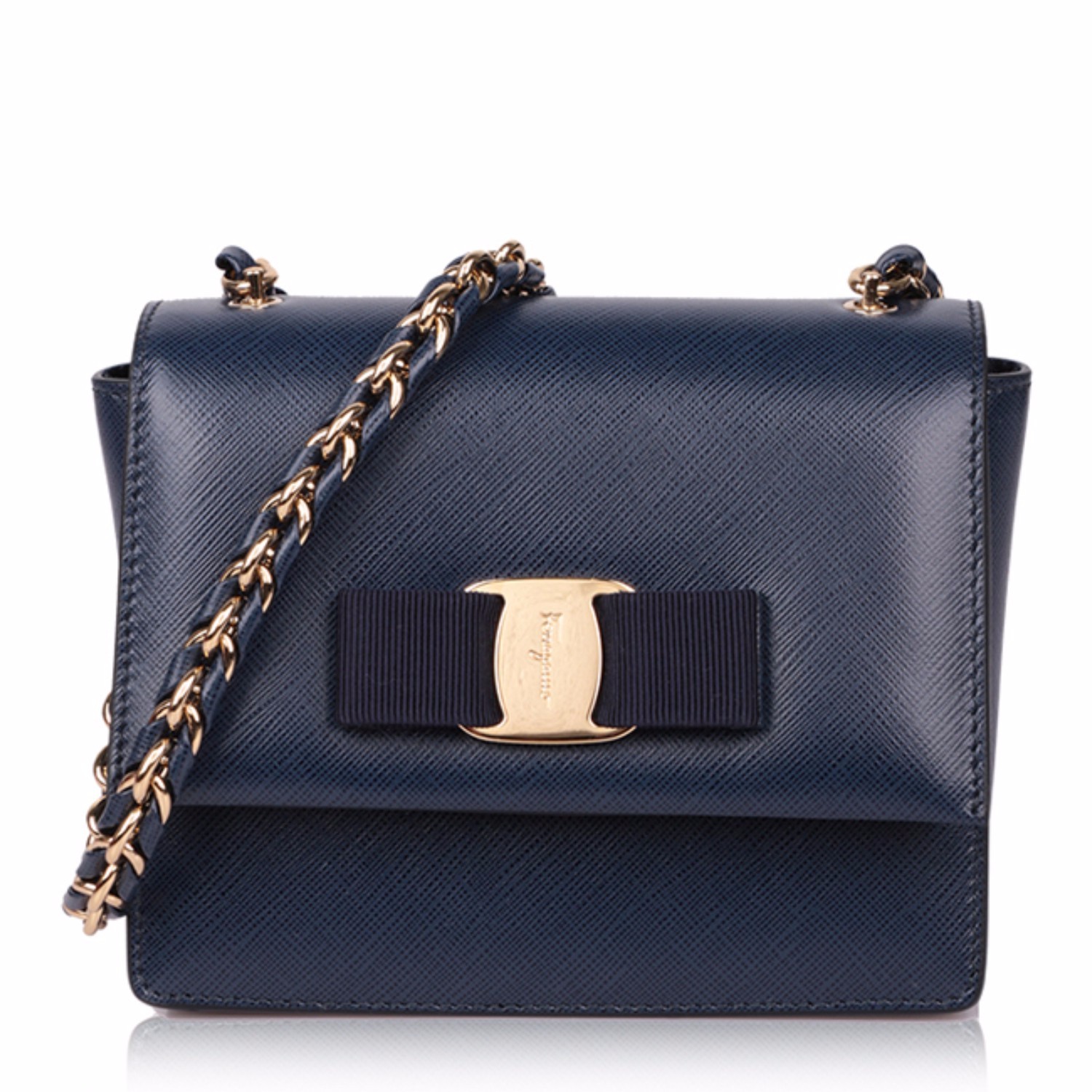 salvatore ferragamo/菲拉格慕 女士牛皮蝴蝶结藏蓝色单肩斜挎包