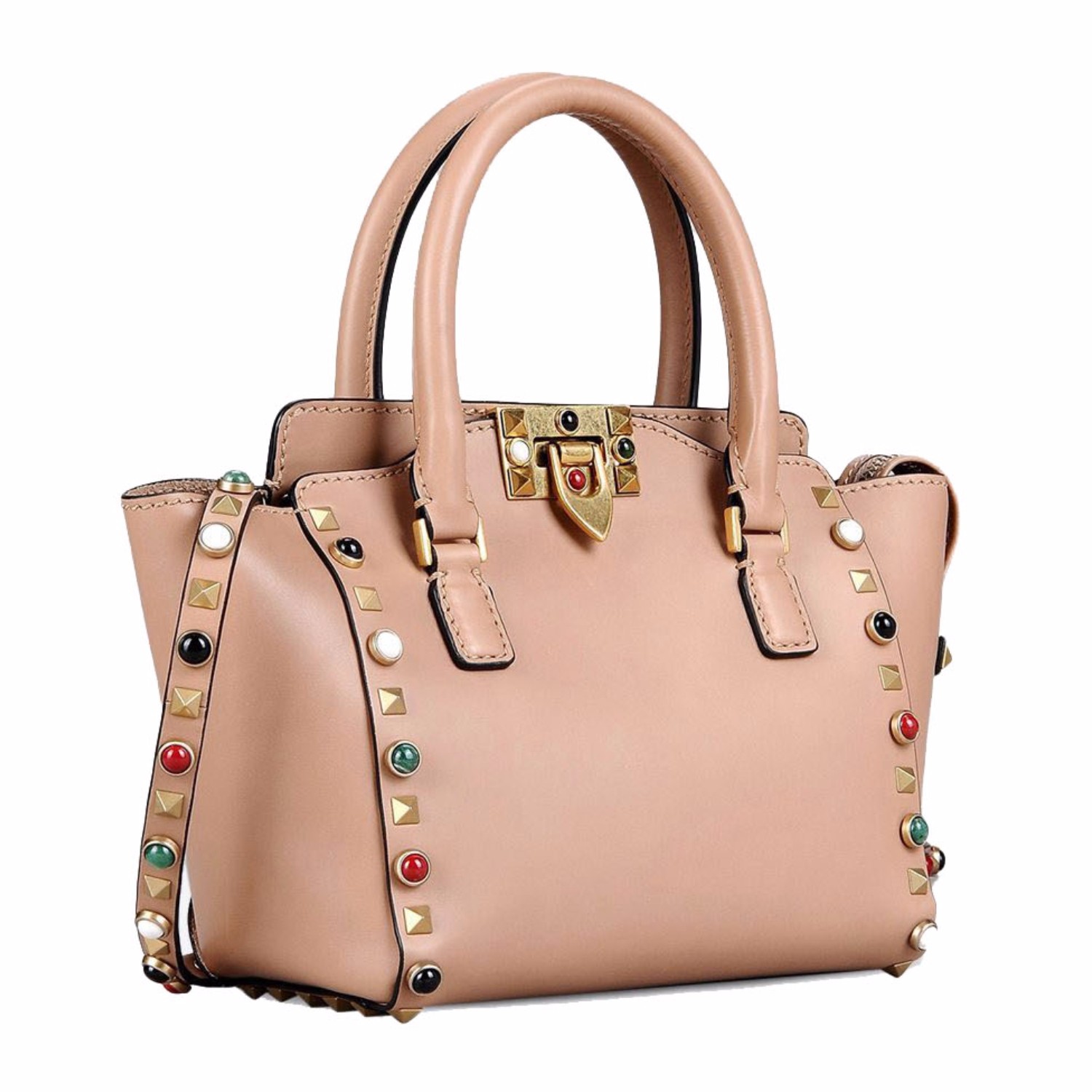 【包邮包税】valentino/华伦天奴 女士裸色牛皮镶宝石迷你手提单肩包