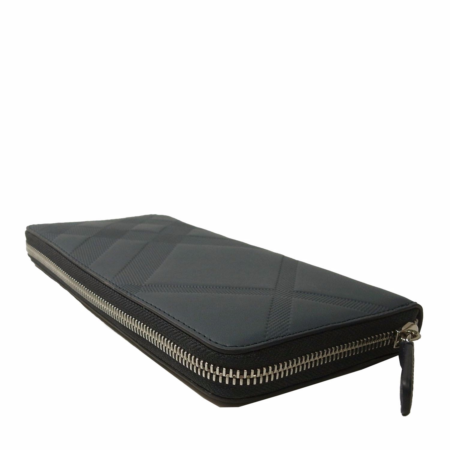 【包邮包税】burberry/博柏利 男士钢蓝色格纹压花皮革长款钱包