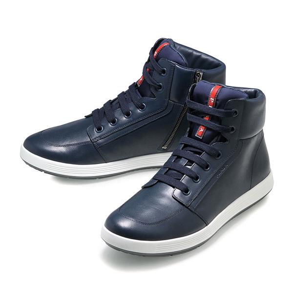 prada普拉达牛皮高帮男士藏蓝色板鞋