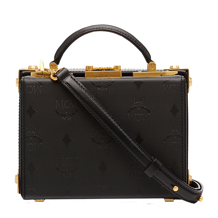 mcm/mcm berlin series系列金属铆钉装饰品牌徽标点缀黑色pvc/配皮