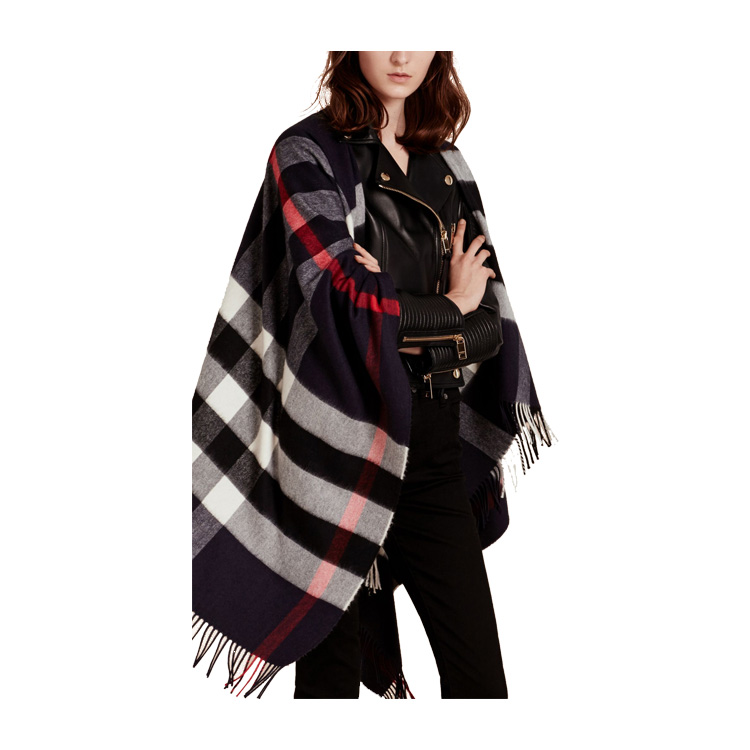 11可用券】burberry/博柏利 羊毛羊绒混纺 海军蓝色格纹流苏斗篷