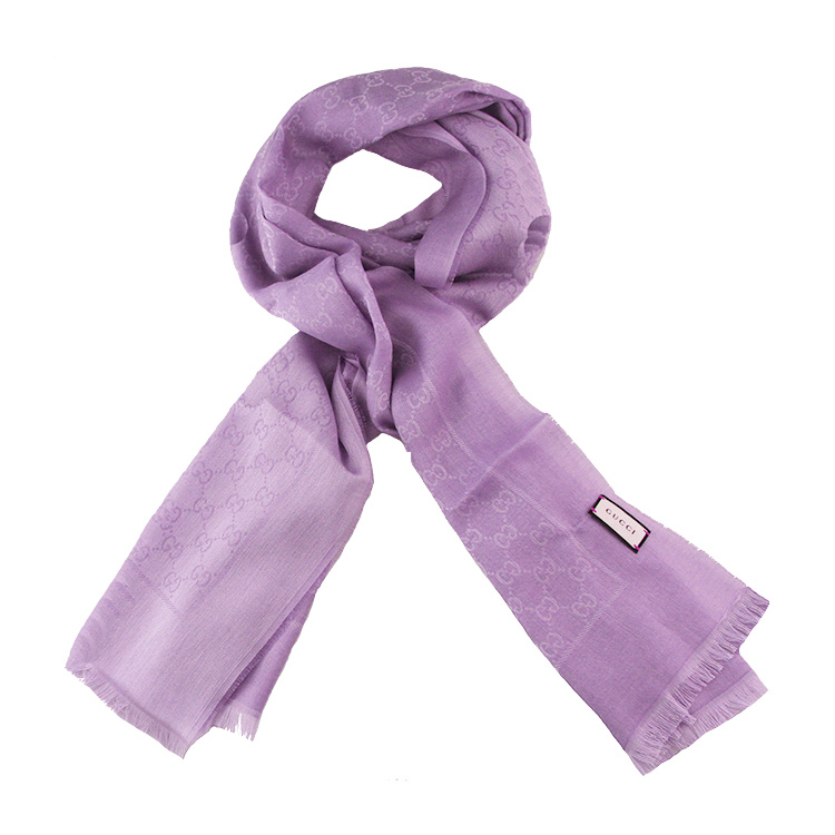 gucci/古驰 浅紫色纯棉 毛边 双g提花女士围巾#411177 3g105 5300